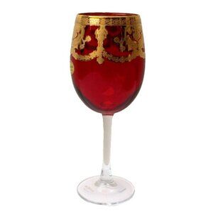 New Ornate Ruby Red Wine Glass W/ Real Gold Trim Decor Tall Goblets Italy